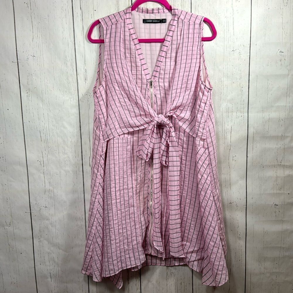 Gabby Isabella Pink Stripe Tie Front Handkerchief Dress Size L Cottagecore Soft
